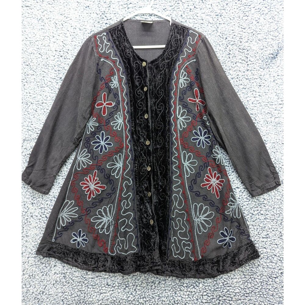 TQ Bohemian Button Up Tunic Top Size S Velvet Embroidered Hippie Peasant Artsy